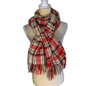 J. Crew Plaid Scarf Orange Cream Green Fringe 25 x 70 Preppy‎